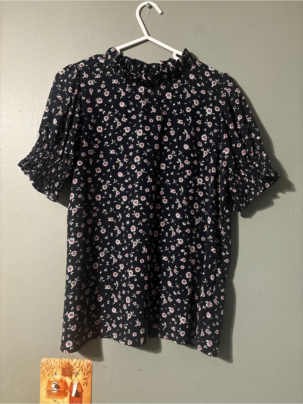 Navy Small High Collar Blouse w/ Floral Design NWOT